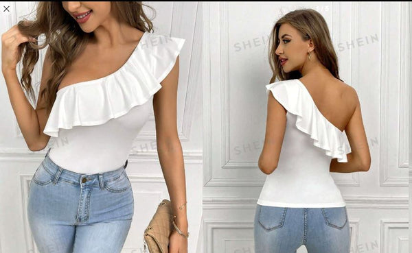 Shein One Shoulder Ruffle Trim Asymmetrical Neck Top, S /