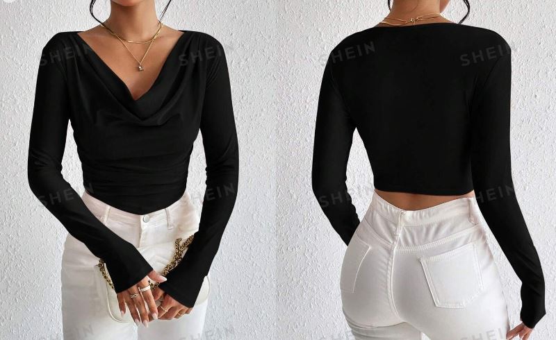 Shein Draped Collar Ruched Black Tee, L>