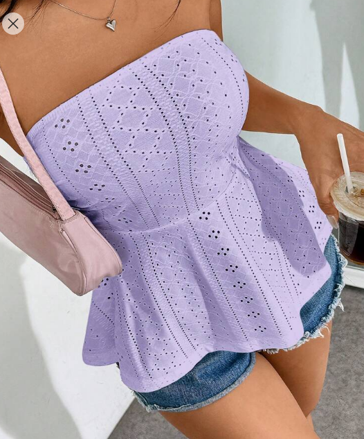 Shein Eyelet Embroidery Solid Ruffle Hem Tube Top, L +