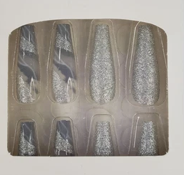 Shein Silver Glitter 25 Pc Set Long Coffin Shape Marble Design Nails +