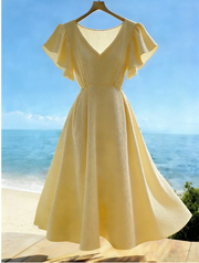 Shein PETITE Women's Pale Yellow Elegant Summer Holiday Dress, L >