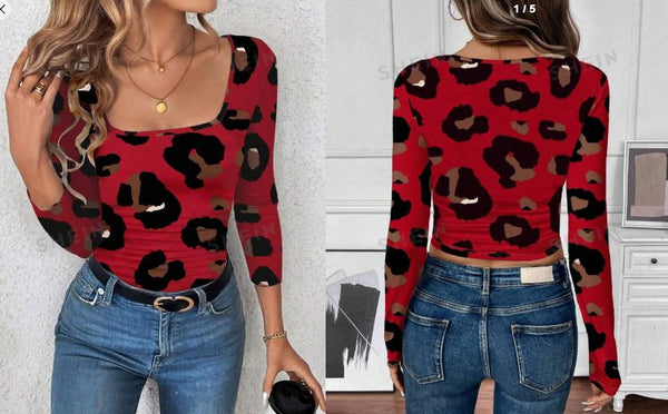 Shein Women Casual Leopard Print Crew Neck Long Sleeve T-Shirt +