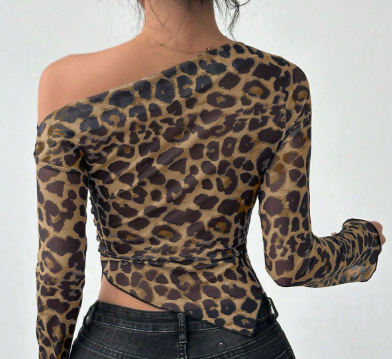 Shein Leopard Mesh Cover Up T-Shirt For Women Graphic Cheetah Print, XL-.