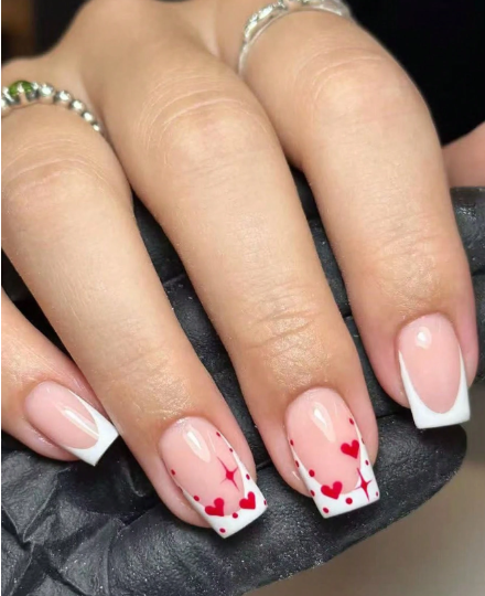 Shein 24pcs Medium-Sized Square French Nails,With Red Hearts, Star, Polka Dot Patterns+