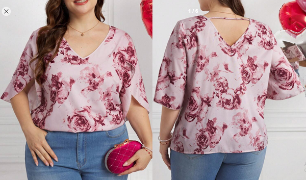 Shein Elegant Plus Size Women's Floral V-Neck Blouse, 3XL +