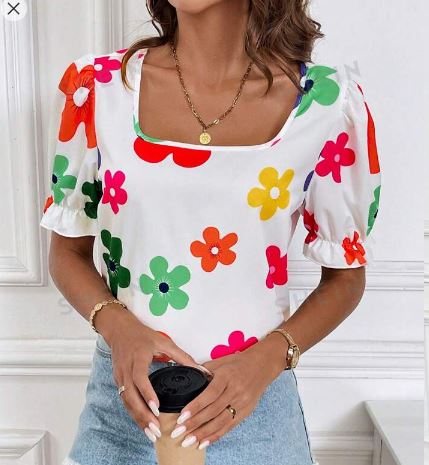 Shein Summer Casual Floral Printed Square Neck Puff Sleeve Shirt, L /