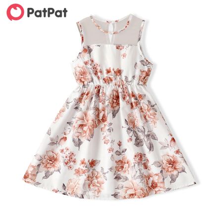 Pat Pat Kid Girl Floral Print Mesh Design Sleeveless Dress, 7-8T  -.