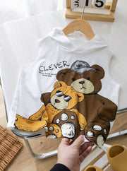 Shein Young Boy Leisure Cartoon Bear Print Sleeveless Hooded Sweater Vest, 6T +