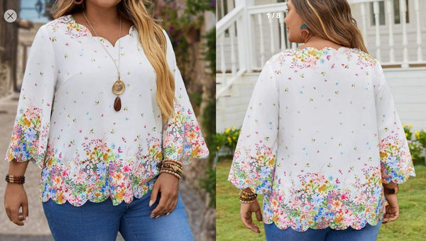 Shein Plus Size Floral Print Rounded Hem Round Neckline Nine-Quarter Sleeve Blouse, 3XL +