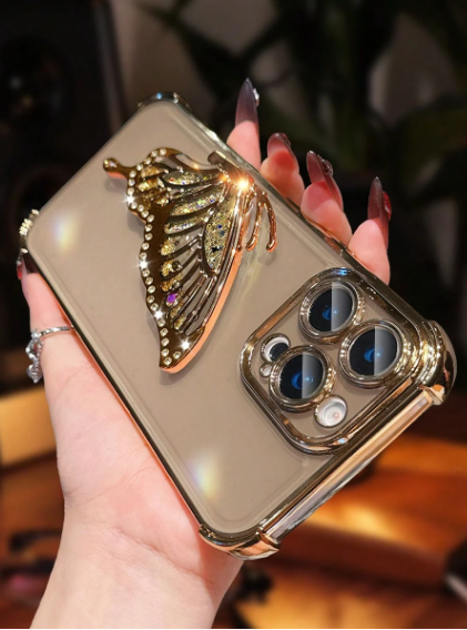 Luxury Electroplated Transparent Phone Case With Butterfly Glitter Stand, Rhinestone Shiny Style>
