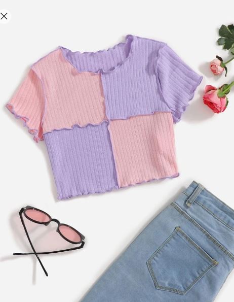 Shein Tween Girl Knitted Color-Contrast Short Sleeve Round Neck T-Shirt +
