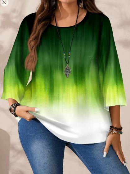 Shein Plus Size Abstract Ombre Pattern Round Neck 3/4 Sleeve Blouse, 3XL +