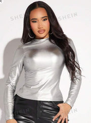 Shein SXY Stretch Leather Silver Skinny Long Sleeve T-Shirt, L -.