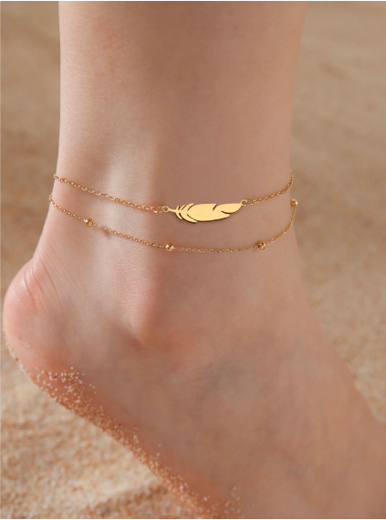 Shein 1pc Women's Stainless Steel Feather Double-layer Beaded Anklet>