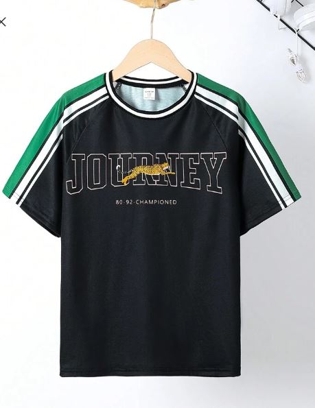 Shein Tween Boy Loose Fit Sports Letter Print Color Block Short Sleeve T-Shirt, 8T +