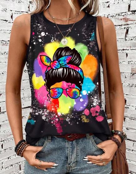 Shein Women's Tie-Dye Figure Graphic Tank Top Vacation & Leisure /