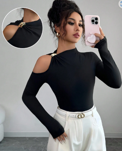 Shein Fitted Sexy Metal Decor Hollow Out Off Shoulder Long Sleeve T-Shirt, S -.