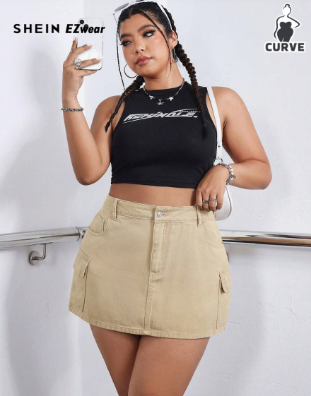 Shein Plus Size Summer Casual Solid Color Workwear Mini Denim Skirt, L +