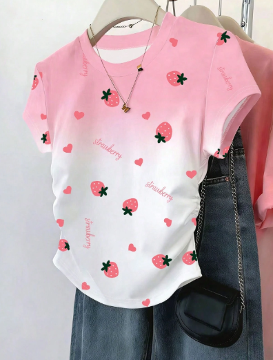 Shein Women's Casual Strawberry Heart Letter Print Ombre Ruffle Sleeve T-Shirt, S -.