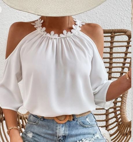 Shein Guipure Lace Trim Cold Shoulder Blouse /