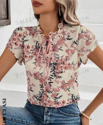 Shein Ladies' Fresh Floral Ruffle Hem Tie-Front Shirt, S /