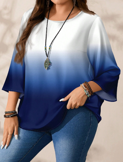 Shein Women Casual Ombre Full Print Round Neck Loose 3/4 Sleeve Shirt >