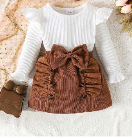 Shein 2pcs Baby Girl Set: Solid Color Ruffle Sleeve Top, Bow Decor Skirt, 18-24M /