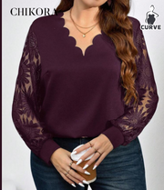 Shien V-Neck Lace Patchwork Sunflower Blouse, XXL -.