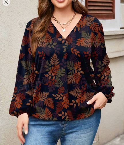 Shein Plus Size Women V-Neck Lantern Sleeve Long Loose Blouse, 0XL /