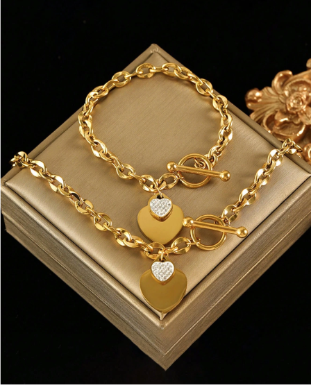 Shein 1 Set Stainless Steel Metal Double Heart Necklace & Bracelet Jewelry Set +