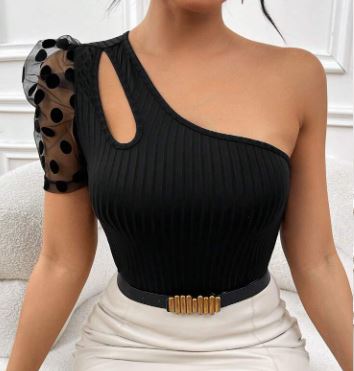 Shein Polka Dot Mesh Contrast Puff Sleeve Hollow Out Asymmetric Neckline T-Shirt, L +