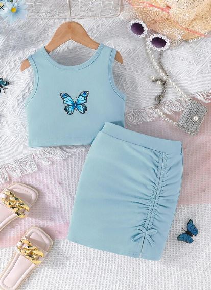 Shein Butterfly Printed Vest Top With Ruffle Detailing & Bowknot Skirt Set +