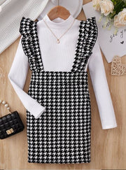 Shein Tween Girl Mock Neck Tee & Houndstooth Ruffle Trim Overall Dress, 9T +