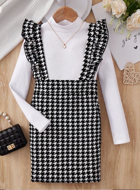 Shein Tween Girl Mock Neck Tee & Houndstooth Ruffle Trim Overall Dress, 9T */