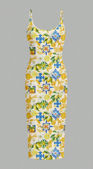 Shein Ezwear Casual Lemon & Floral Allover Print Fitted Camisole Maxi Dress, XL+
