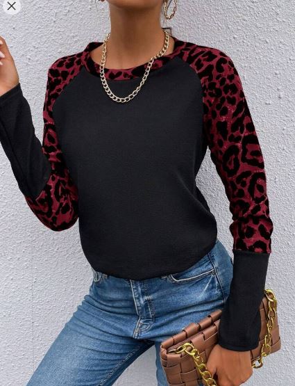 Shein Casual Leopard Print Raglan Sleeve Patchwork Loose T-Shirt, L +