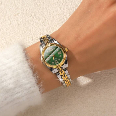 Shein 1pc Fashionable Rhinestone Studded Dial Steel Band Quartz Watch +