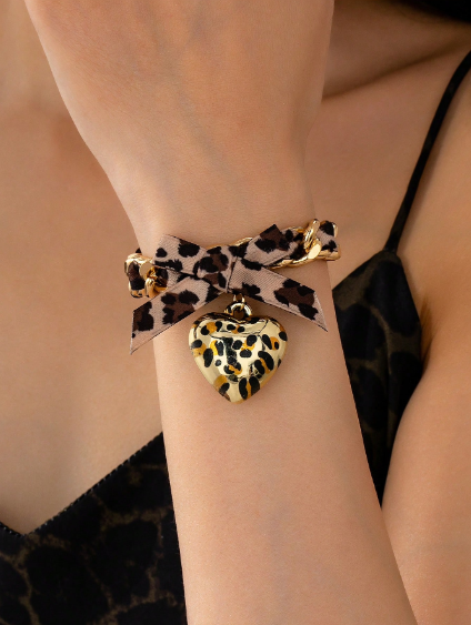 Shein Statement Bow Ribbon Leopard Heart Pendant Bracelet>