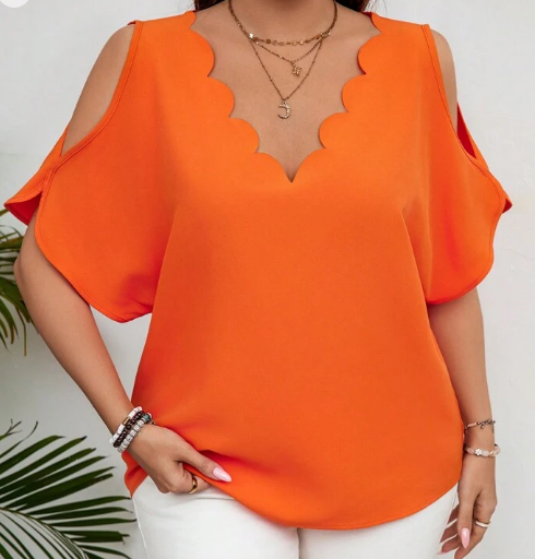 Shein Plus Size Shirt With Hollow Sleeves And Scallop Edge Collar +