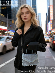 Shein Denim Effect Fringe Detail Flap Design Chain Decorated Handbag -.