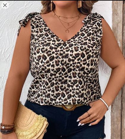 Shein Leopard Print V-Neck Shoulder Knot Vacation Casual Shirt Blouse, XXL /