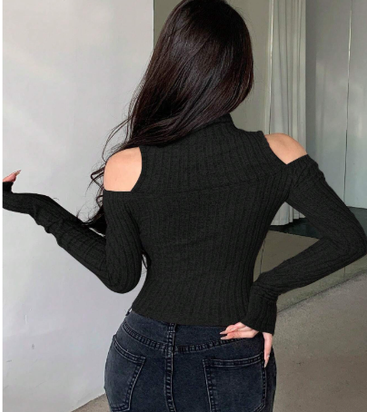 Shein Designer Women's Stand Collar Cold Shoulder Long Sleeve T-Shirt, XL-.