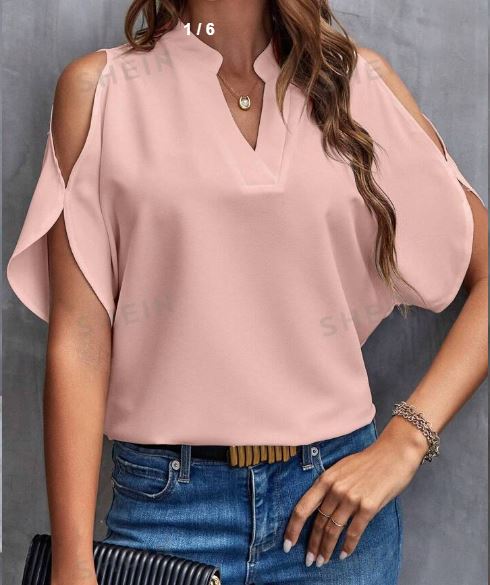 Shein Solid Cold Shoulder Split Sleeve Popover Blouse, L */