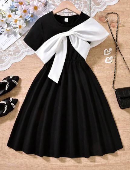 Shein Tween Girl Cute Color Block Short Sleeve Dress With Bow Decoration, 9T +