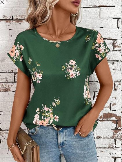 Shein Women Floral Print Round Neck Short Sleeve Casual Blouse, L /