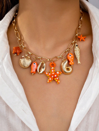 Shein 1pc Handmade Summer Orange Starfish Charm Necklace>
