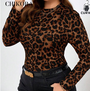 Shein Plus Size High Neck Fitted Leopard Print Long Sleeve Base Layer T-Shirt -.