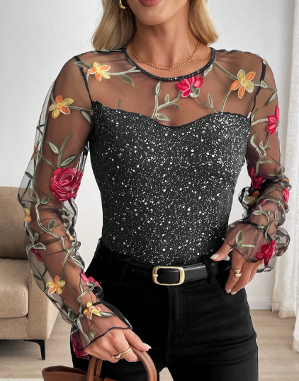 SHEIN Floral Embroidery Mesh Splice Silver Stamping T-Shirt, M>