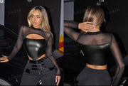 Shein Spider Print Stand Collar Flocked Mesh Insert Cutout Slim Fit Long Sleeve T-Shirt -.
