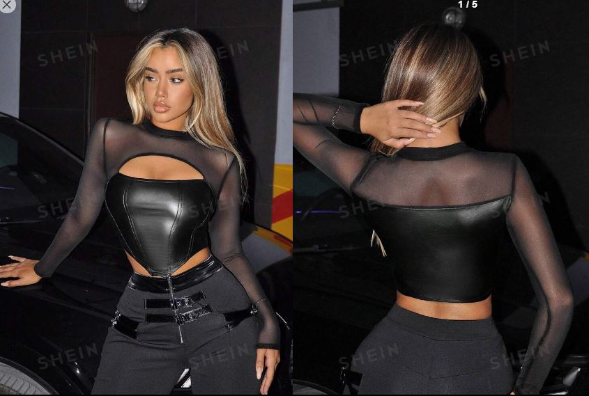Shein Spider Print Stand Collar Flocked Mesh Insert Cutout Slim Fit Long Sleeve T-Shirt -.
